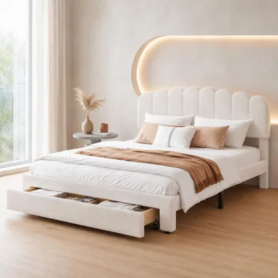 Productafbeelding van ProximaX gestoffeerd bed 160x200 cm met USB-poorten en lades, tweepersoonsbed/jongerenbed met lattenbodem, houten bed met opbergruimte, klassiek bed, schapenvacht, wit