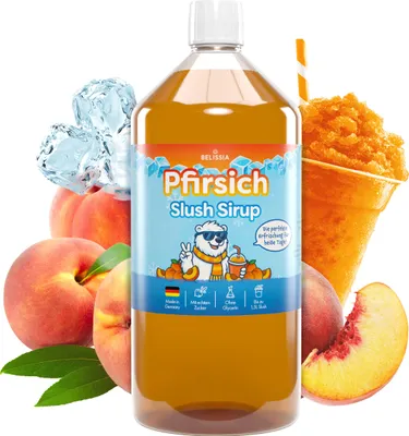Produktbild von Belissia Slush Eis Sirup 1000ml Konzentrat | Pfirsich Geschmack | sehr ergiebig in knalligen Farben (1:5) für bis zu 6 Liter | Glycerin frei