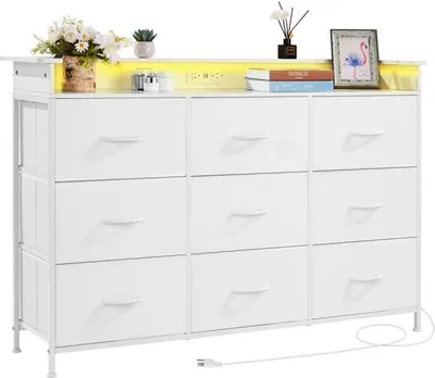Zdjęcie produktu dla Oświetlenie LED Biała komoda z 9 materiałowymi szufladami i szufladami w szafce