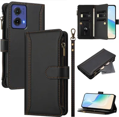 Obrázek produktu pro Pouzdro pro Motorola Moto G85, zipem, peněženkovéPolyuretankožené flip pouzdro s kapsami na karty, stojánkem a poutkem na ruku černý