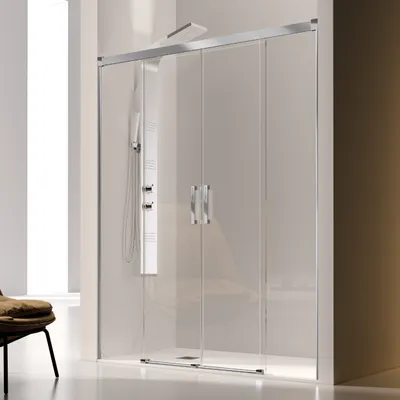A modern shower enclosure with sliding doors in a bright, minimalist bathroom setting.