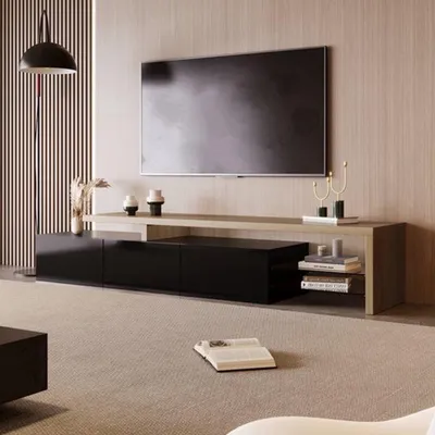 Produktbild von TV-Möbel, Hochglanzweiß, 200x42x39 cm, Holzoptik, Glasablagen, Wohnzimmer