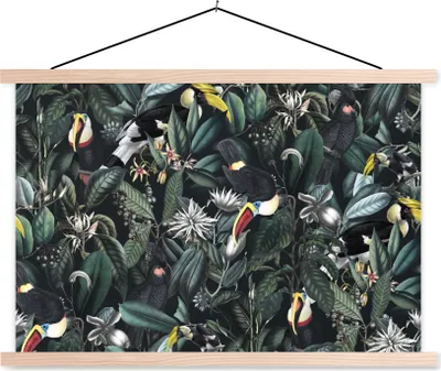 Produktbild von MuchoWow® Textilposter Blumen - Vogel - Tukan 120x80 cm mit holzfarbenen Rahmen - Aufhängeset