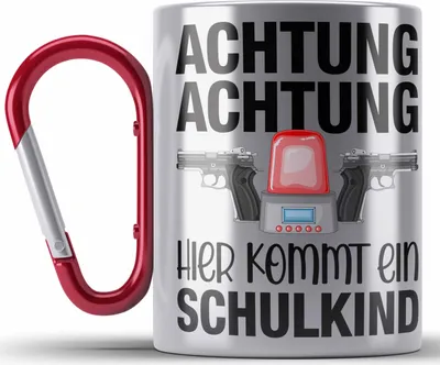 Produktbild von Trendation - Einschulung Junge Achtung Schulkind Geschenk für Schultüte Füllung Edelstahl Tasse Karabiner Schulstart 1. Schultag Schuleinführung Schulanfang Geschenkidee 2022 (Rot)