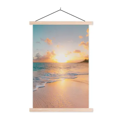 Produktbild von MuchoWow® Textilposter Sonnenuntergang - Strand - Meer - Sommer - Blau 60x90 cm mit holzfarbenen Rahmen - Textil