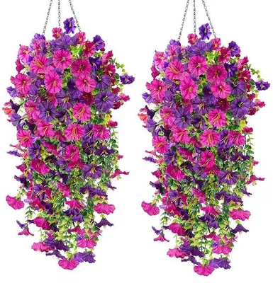 Produktbild von Unyqoos® 4er-Set hängende Kunstpflanzen Petunien 76 cm, realistisch lila & fuchsfarben, UV-beständig, 5 biegsame Stiele, für Innen & Außen