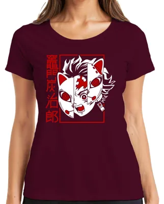 Zdjęcie produktu dla Tanjiro Kamado Kimetsu no Yaiba Fox Mask Anime Gift Koszulka damska, bordowy, L