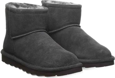 A pair of dark gray winter boots with faux fur lining, shown from the front.