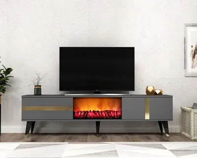 A modern TV stand with a built-in electric fireplace, featuring a sleek anthracite finish and gold accents.