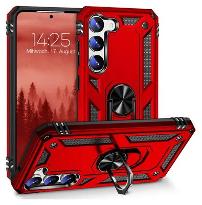 A red phone case with a built-in ring stand is shown from multiple angles, with a phone screen displaying the time and date visible in one angle.