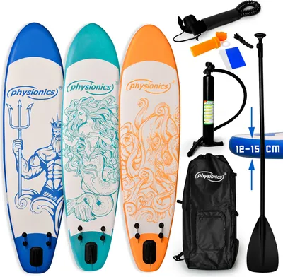 Produktbild von Physionics® SUP Board - 305/320/366 cm, Aufblasbar, Handpumpe mit Druckmesser, Rucksack - Paddling Board, Surfboard (320cm, Kraken orange)