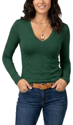 Produktbild von Damen Langarmshirt mit V-Ausschnitt aus Baumwolle Bequem Grün XL