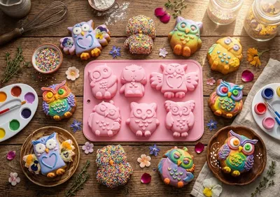 Produktbild von GKA Silikonform Eulen Silikon Backform Muffin Silikonbackform Muffinform Fondantform Form Schokoladenform Eule 6 Formen Seifenform