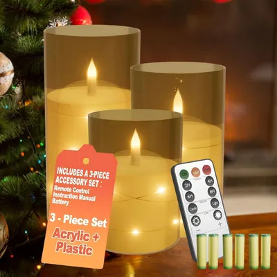 Image de Ensemble de 3 bougies LED LARS360 avec télécommande, bougies LED clignotantes avec minuterie, réglables en intensité, sans fil, incluant 6 piles AA, de 10/12,5/15 cm, couleur or