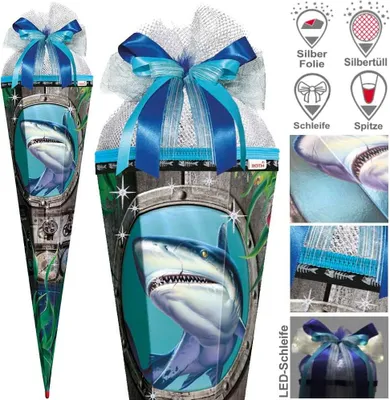 Produktbild von Roth Schultüte 85 cm Jungen Exklusiv Set, Motiv / Ausführung:Hai Schleife LED Folie Spitze