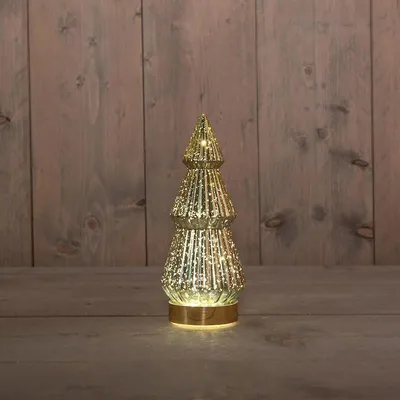 Produktbild von Weihnachtsbaum Deko aus Glas, Metallic-Gold, 10 LEDs, batteriebetrieben, Timer, 23,5x10cm
