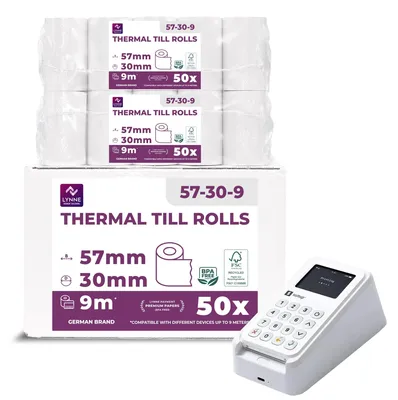Produktbild von EC-Cash Thermorollen, 57 mm x 9 m, für Zahlungsterminals (Packung mit 50 Stück)