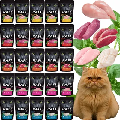 Image de Lot de 25 pâtés humides RAFI Karma pour chats, assortiment de saveurs, poids net : 100g par pâté.