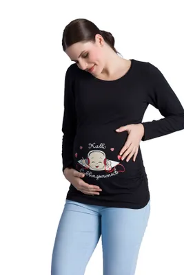 Productafbeelding van Zwangerschapsshirt lange mouw hallo lievelingsmens – zwangerschapskleding dames, 95% katoen, zwart, maat S