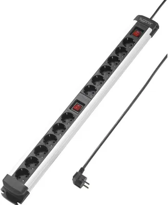 A power strip with multiple outlets and two switches, shown against a white background.