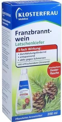 A product box for Klosterfrau Franzbranntwein with pine cones and pine needles.