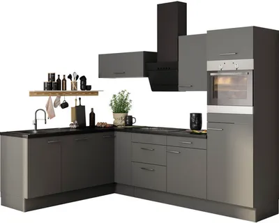 Obrázek produktu pro Rohová kuchyňská linka Optifit Mats825 270 cm barva čela čedičová šedá matná barva korpusu šedá v nesmontovaném stavu