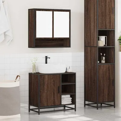 Image de Ensemble de meubles de salle de bain - Meuble sous vasque - Armoire à miroir - Meuble de salle de bain - Rangement - Aspect bois chêne, couleur marron
