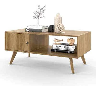 Image de Table basse de style mid-century en chêne, dimensions 100x50x45 cm, avec espace de rangement