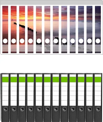 Produktbild von Wallario 12 Stück schmale Ordner inkl. Klebeetiketten mit Motive Sandstrand im Sonnenuntergang - Roter Himmel -  Set mit Rückenschildern / Ordnerrücken Stickern