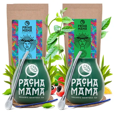 Produktbild von Pachamama - Guayusa Tee Set Pure, Terere 2x100g - Grün Mate Becher 2x350ml - Hoher Koffeingehalt - Luftgetrocknet, Mild - Mit Bombilla