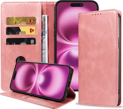 Produktbild von Smartphonica Handytasche passend für iPhone 16 Plus Kunstleder mit Magnetverschluss und Kartenhalter Buchhülle mit Klappe - Pink