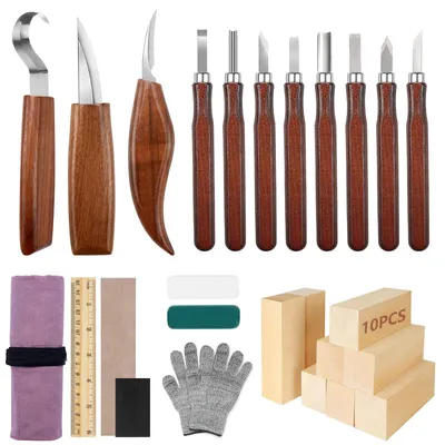 Immagine prodotto di Omgoods - Set di strumenti per intaglio del legno 29-in-1 - Kit per intaglio del legno per principianti - Coltelli per intaglio - Guanti antitaglio - Blocchi di legno - Coltelli di alta qualità