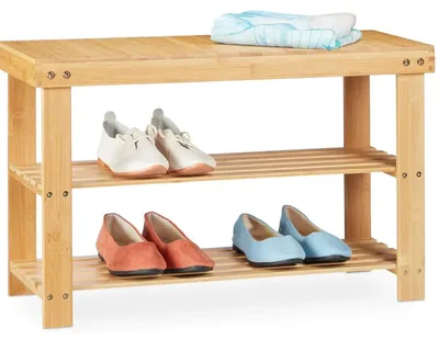 Zdjęcie produktu dla Bambusowa półka na buty – ławka z miejscem do siedzenia – 2 półki na buty – półka do przedpokoju – 42 x 70 x 27 cm – drewno naturalne