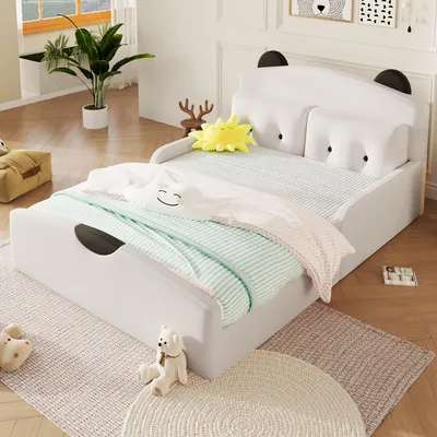 Produktbild von MODFU Kinderbett 140×200 mit Bären-Design,Polsterbett mit Leinenbezug und 2 Kissen,Plattformbett Jugendbett mit gepolstertem Kopfteil, Weiß(ohne Matratze)