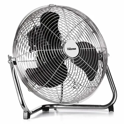 A chrome-plated electric fan with black blades.
