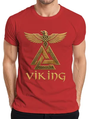 Immagine prodotto di T-shirt rosso, taglia M, con il simbolo del Valknut, il corvo, Odino, riferimenti alla mitologia nordica, guerrieri, Valhalla, e la scritta "Herren" (uomini)