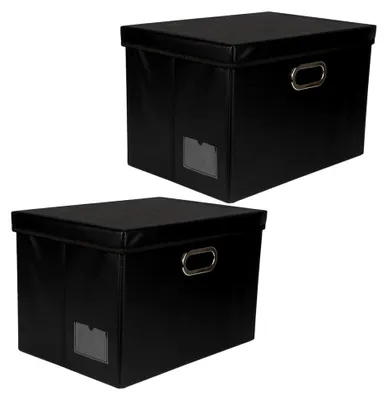 Produktbild von Faltbare Aufbewahrungsboxen mit Deckel | große Ordnungsboxen | schwarz in Lederoptik | 42 x 30 x 29 cm | 2 Stück