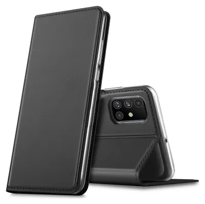 A black flip case for a Samsung Galaxy A51 phone is shown.