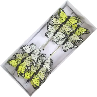 Produktbild von 24 Feder - Schmetterlinge B 7cm am Draht L22cm Deko Stecker Frühling Butterlfy, Farbe:gelb