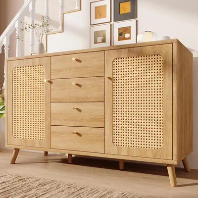 Zdjęcie produktu dla Komoda, wymiary 140x40x86 cm, imitacja rattanu, 4 szuflady, 2 drzwiczki, półki regulowane
