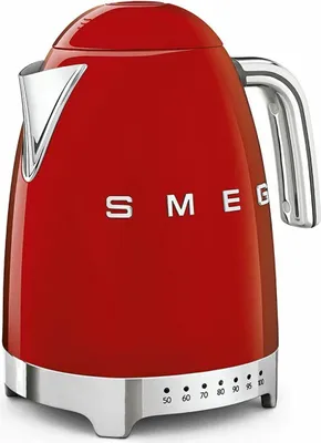 A red Smeg electric kettle is shown against a white background.