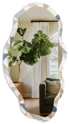 Produktbild von Asymmetrischer Wandspiegel mit Druck – 90x45 cm – unregelmäßige organische Form – moderner Dekospiegel – für Wohnzimmer, Flur und Schlafzimmer - Geometrische Linien, KI-generiertes Bild