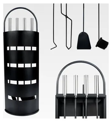 Produktbild von Kaminbesteck aus Edelstahl 5-teiliges Set mit Metallgriff für Kaminofen inklusive Schürhaken, Ascheschaufel, Kaminbesen, Zange und Ständer