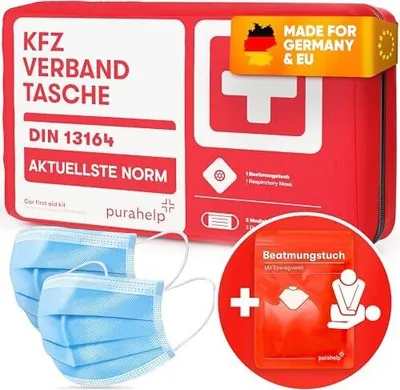 Produktbild von PURAHELP KFZ Verbandstasche nach aktueller Norm 2025 DIN 13164 (StVO konform) - Inkl. Beatmungstuch - Erste Hilfe Set Auto Verbandskasten Auto 2025