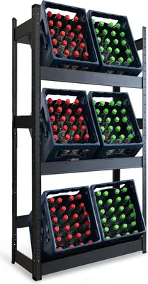 A metal shelving unit holding crates of bottled drinks.