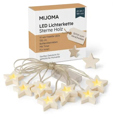 Lichtsnoer met houten sterren, 10 warmwitte LEDs, Timer, 120 cm