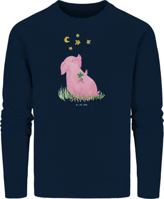 Produktbild von Mr. & Mrs. Panda Baumwoll Pullover Schwein Glück Größe M - French Navy - Geschenk, Sweatshirt, Lustige Sprüche, Motivation, Sweater, Schweinchen, Ziele, Träume, Pulli