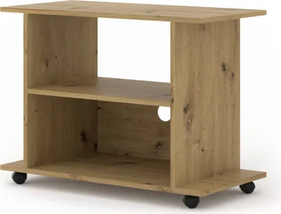 A wooden TV stand with shelves and wheels, shown against a white background.