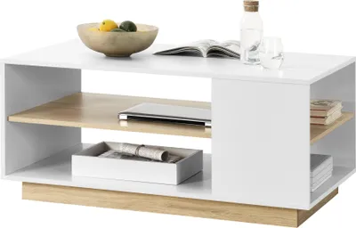 Image de Table basse 100x60x46cm avec 2 étagères Table de salon Table de salon en panneau de particules Table basse blanche / chêne [en.casa]