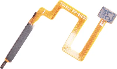 A close-up shot of a flexible circuit board with a power button attached, isolated on a white background.